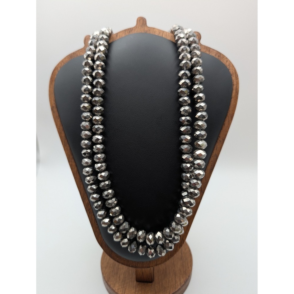Unsigned Faceted Pyrite Bead Endless Necklace Long Strand Gunmetal Gray 38 Inch